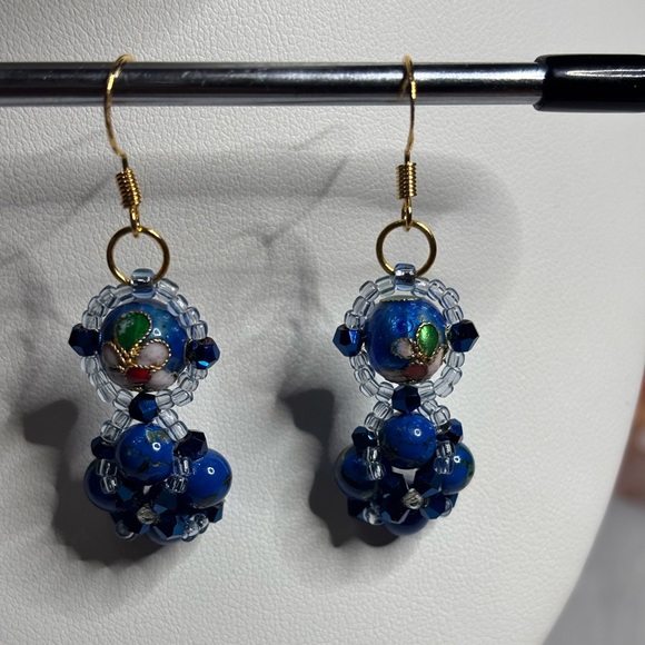 Hand Crafted cloisonné earrings cobalt blue beads blue bicones seed beads 2 in. - Picture 5 of 6